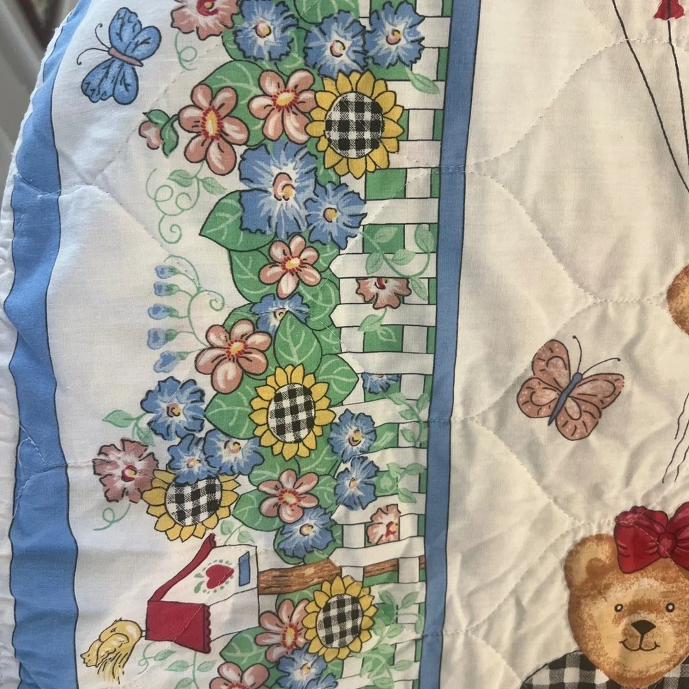 Vintage Teddy Bear Garden Quilted Baby Blanket Floral Picket Fence Nursery Blue